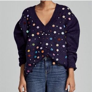 Zara Wool Alpaca Oversized Sequinned Pullover Sweater With Pearls, And Beads M